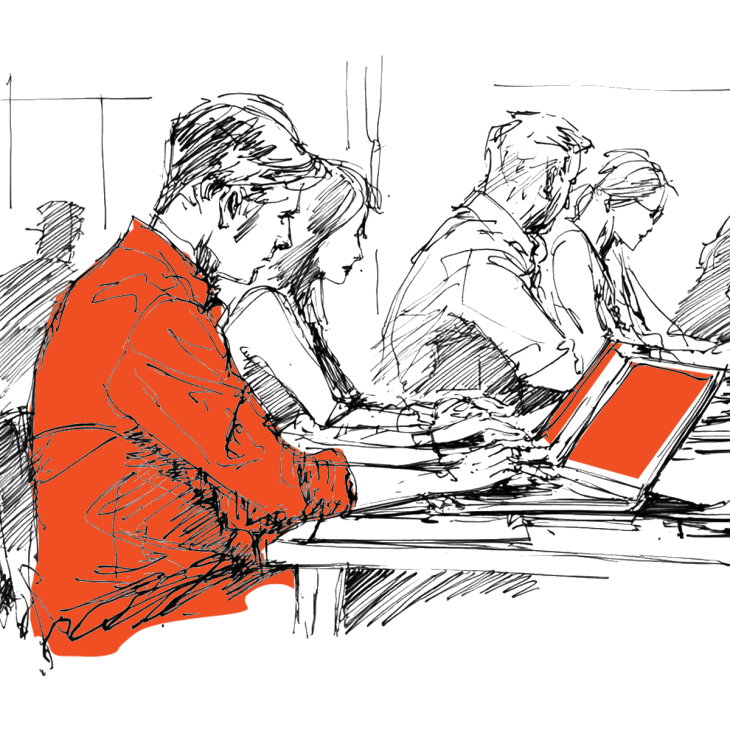 Illustrasjon av en designer som sitter og jobber på Mac